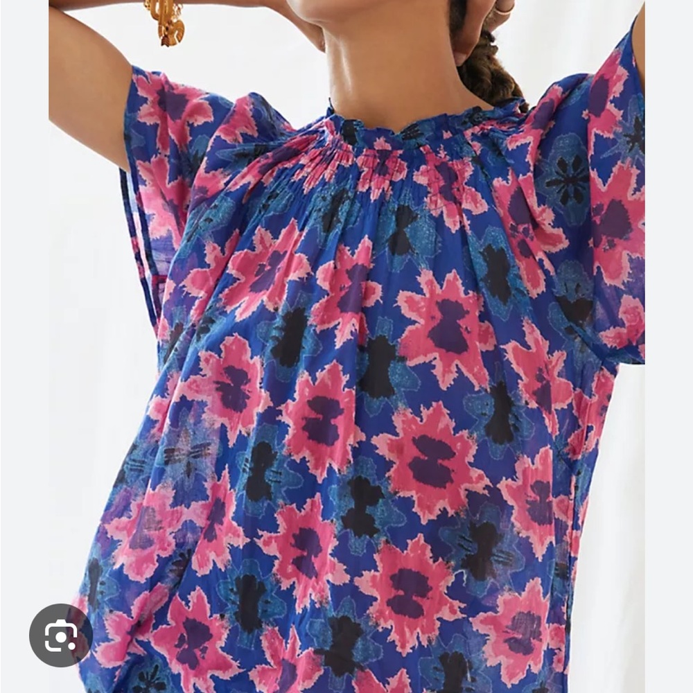 Banjanan Anthropologie Dahlia Blue and Pink Floral Blouse